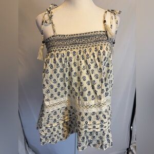 Forever 21 crop blouse, tie/tassle straps, lattice detail across lower area